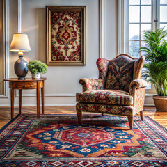 a living room with a vintage armchair and a persia
