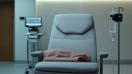 Therapy chair with IV drip and medical equipment in a ketamine clinic