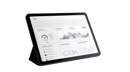 Digital tablet displaying monthly sales report on white background 