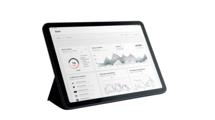 Digital tablet displaying monthly sales report on white background 