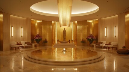 Contemporary three dimensional representation of jesus in gold symbolizing divinity and glory