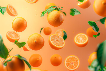 Dynamic composition of whole and sliced oranges with green leaves floating against a vibrant orange background, highlighting freshness and citrus appeal.