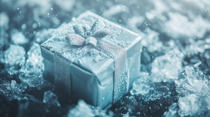 Frosted blue gift box on snowy background with sparkling ribbon for a magical holiday season...