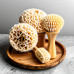 A minimalist arrangement of natural loofahs and eco-friendly scrub brushes on a wooden tray.
