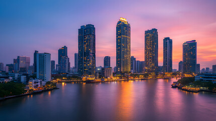 A Panoramic View of a City Skyline at Dusk with Golden Skyscraper Lights Reflecting on the River Under a Pink and Blue Sky