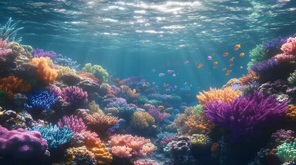 A Colorful Coral Reef Under the Clear Ocean Water with Schools of Tropical Fish and Sunlight Filtering Down