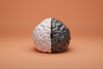 Half black and half white human brain isolated on orange background. 3d illustration.
