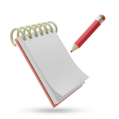 Red pencil writing on a blank notepad isolated on white background. 3d illustration.