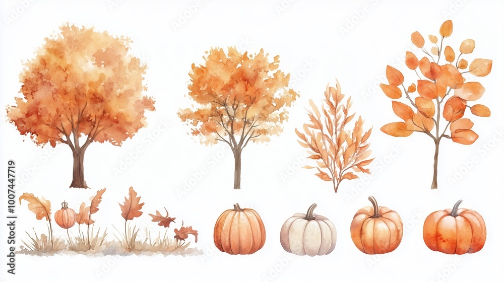 Wall mural Watercolor autumn landscape with trees, leaves, and pumpkins in warm orange tones for seasonal decor and design