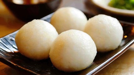 A delightful arrangement of four white fish balls, beautifully presented on a clean plate. These fish balls exhibit a smooth, round shape and a pristine white color, showcasing their freshness