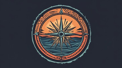 A circular rock band logo designed in a retro style, featuring a vibrant sunset and a compass emphasizing the east direction. The logo is adorned with intricate tribal patterns, 