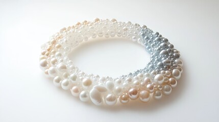 A captivating circle trail of white and pastel pearls, arranged in a perfect loop on a clean white background, symbolizing elegance and purity