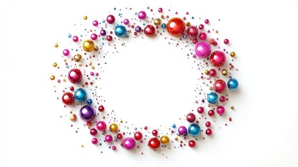 A mesmerizing circle trail of bright, colorful spheres arranged in a perfect loop on a white background, evoking energy and movement