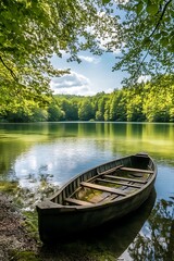 Obraz premium Wooden Rowboat on Tranquil Lake in Lush Green Forest with Blue Sky