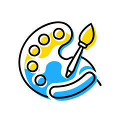 A painting palette with a brush on it. The palette is blue and yellow