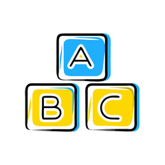 A stack of blocks with the letters A, B, and C on them. The blocks are yellow and blue