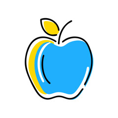 A blue apple with a yellow stem. The apple is shown in a stylized way, with a yellow leaf on top