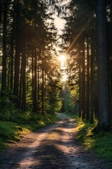 Fototapeta premium Sun rays through trees on forest path, nature landscape scenery