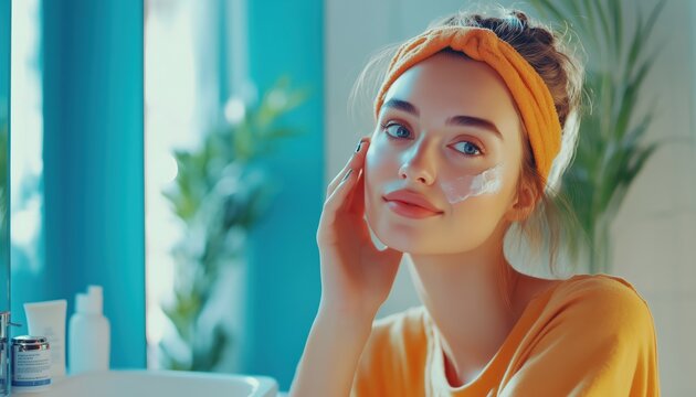 Young Beautiful Woman Nourishing Her Skin With Moisturizer Cream In The Bathroom As Part Of Her Skincare Routine For To Maintain Healthy Skin.