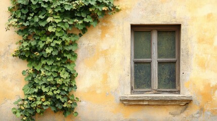 Vines on a rustic wall by a window