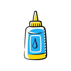 A blue and yellow bottle of glue. The bottle is drawn in a cartoon style