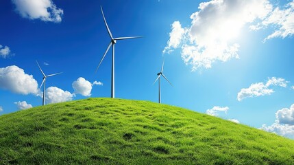 Wind Turbines Spinning on Grassy Hill Under Blue Sky