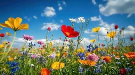 Naklejka premium Colorful Wildflowers in Bloom Under a Blue Sky