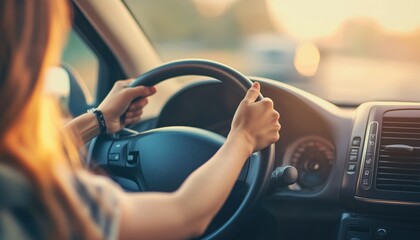 Close-Up Image Of A Woman Holding A Steering Wheel While Driving Her Car, Captured In A Detailed Shot To Show Details.