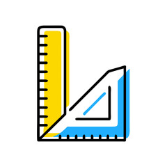 A ruler with a yellow and blue stripe is displayed. The ruler is a straight line with a blue and yellow stripe, and it is used for measuring objects
