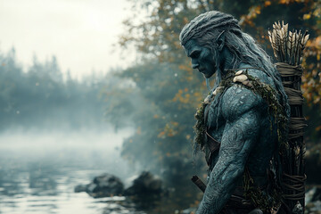 Fototapeta premium water genasi hunter surveys the misty river, ready with bow in a serene dawn