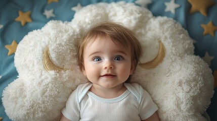 A smiling baby resting on a fluffy cloud-shaped pillow with a serene background.