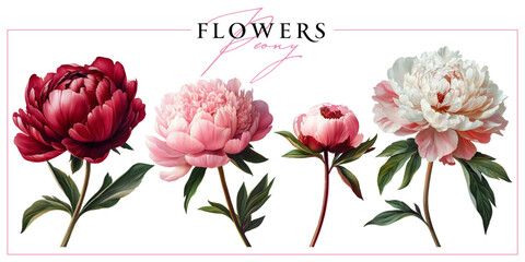 Garden peony flowers isolated on a white background. Vintage painting style illustration.	