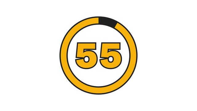 Bold outlined golden yellow 60-second (1 min) countdown with black progress ring on white background. Progress ring decreases as seconds pass, with thick numbers indicating the time. 4K Motion Graphic