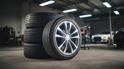 Three tires are stacked on top of each other. The tires are black and white. The tires are on a concrete floor