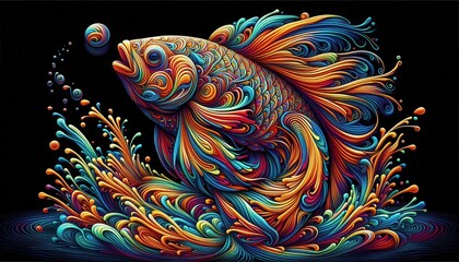 A vibrant, stylized fish emerging from colorful waves against a dark background.