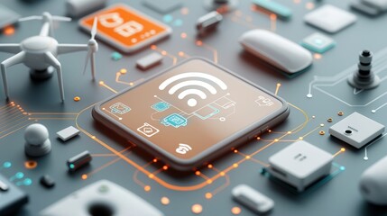 Smart IOT devices displaying technology interconnected sensors monitoring systems data smart home. AI generated