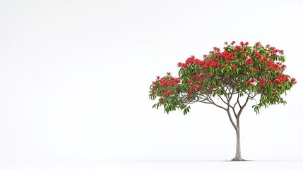 Naklejka premium A majestic royal poinciana tree stands alone, showcasing its vibrant green foliage and striking red flowers. This stunning tree, known for its expansive canopy and ornamental beauty, 