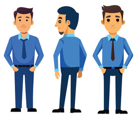 Business man in blue shirt in different sides view from the front, from the side and half turn with hands in the pockets. Vector illustration isolated