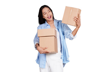 Asian woman smiling holding box package isolated transparent