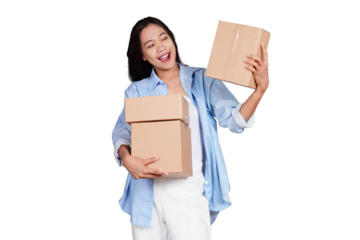 Asian woman smiling holding box package isolated transparent