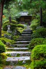Obraz premium Stone steps leading up to a traditional Japanese garden with lush greenery and a wooden house