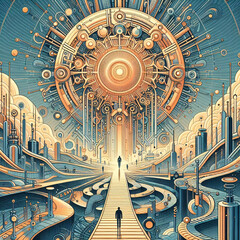 Obraz premium Vibrant digital artwork of a futuristic city with a central AI brain