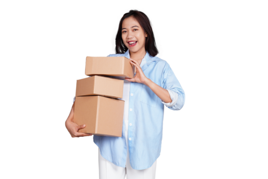 Asian woman smiling holding box package isolated transparent