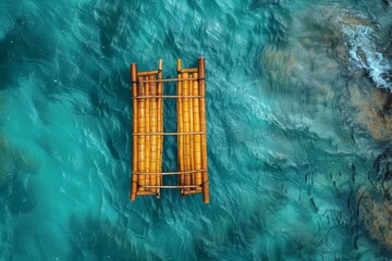 A top-down perspective shows a bamboo raft drifting peacefully across vibrant turquoise water,...