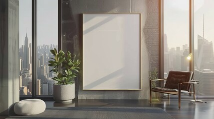 Modern living room interior with a large blank canvas and city view.