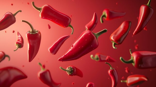 A captivating image of vibrant red chili peppers suspended in mid-air against a warm red backdrop, capturing the essence of spiciness, energy, and dynamic motion.