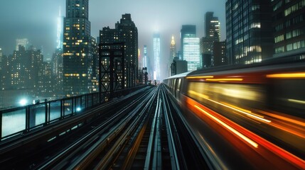 Fototapeta premium Subway Train Blurred Motion Through Cityscape
