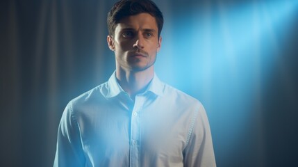 Fototapeta premium A contemplative man stands in soft blue lighting, creating a serene and thoughtful atmosphere, captured within an elegant and minimalist composition.