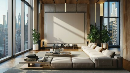 Modern Living Room with City Skyline View and Blank Canvas
