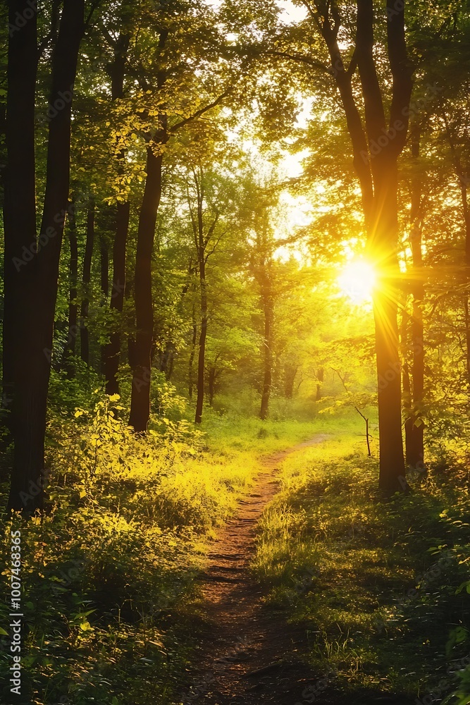 Wall mural Sun shining through trees in a forest with a path leading into the woods